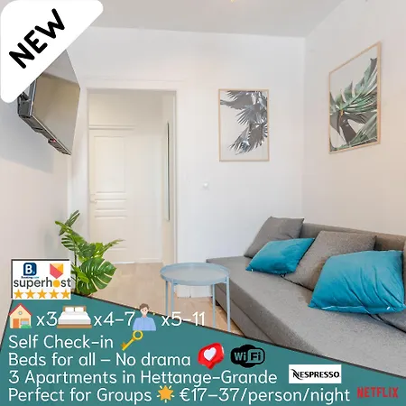 3 Appts - 3 A 7 Lits - Parfait 6 A 10 Pers - Max 29 Pers - 1 Immeuble - Convivialite, Rentabilite ------ - 3 Apts - 3 To 7 Beds - Ideal For 6 To 10 Guests - Up To 29 - Same Building -- Cattenom Apartman Hettange-Grande