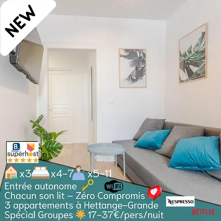 3 Appts - 3 A 7 Lits - Parfait 6 A 10 Pers - Max 29 Pers - 1 Immeuble - Convivialite, Rentabilite ------ - 3 Apts - 3 To 7 Beds - Ideal For 6 To 10 Guests - Up To 29 - Same Building -- Cattenom Apartman Hettange-Grande